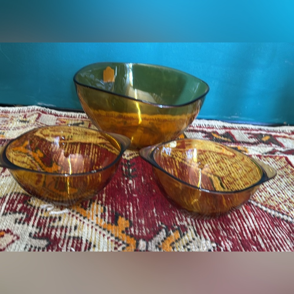 Vintage MCM Amber Glass Salad Bowl Set